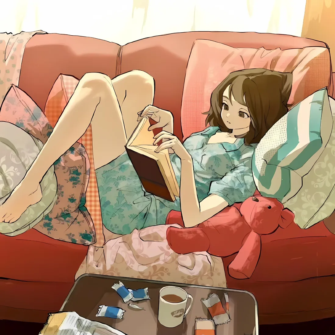 漫画少女手机壁纸｜居家沙发看书背景图片 - 休闲治愈插画「哲风壁纸」