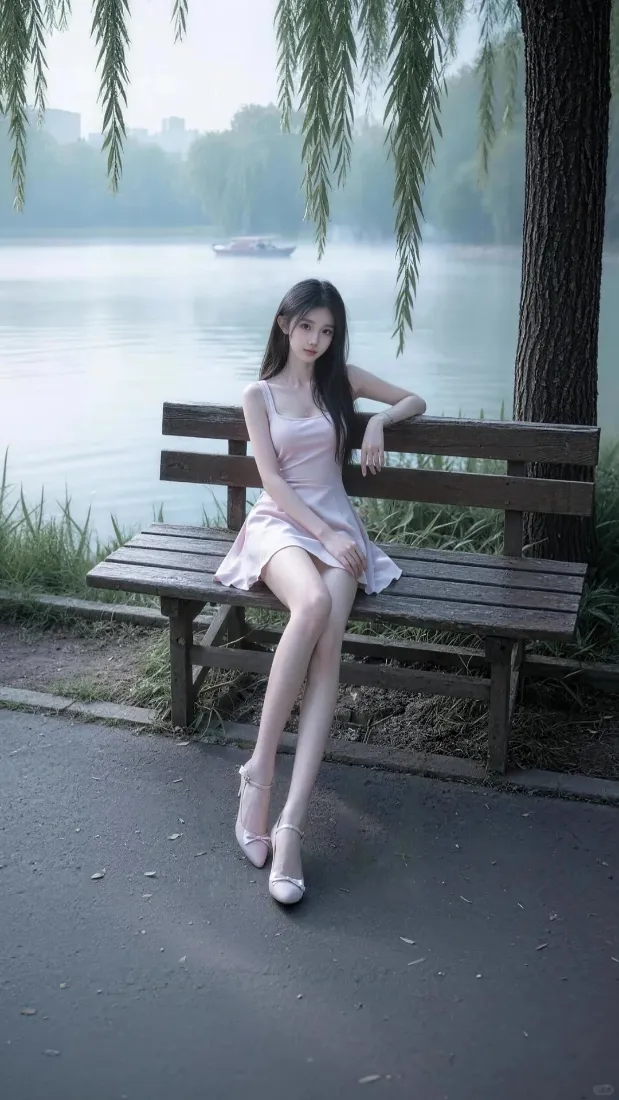 长发美女手机壁纸｜湖边长椅背景图片 - 氛围感人像写真「哲风壁纸」