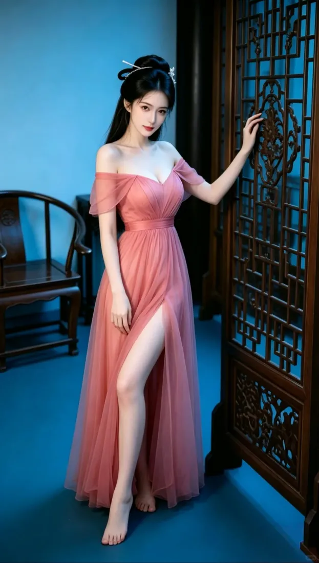 古风美女手机壁纸｜中式格栅背景图片 - 粉裙氛围感写真「哲风壁纸」