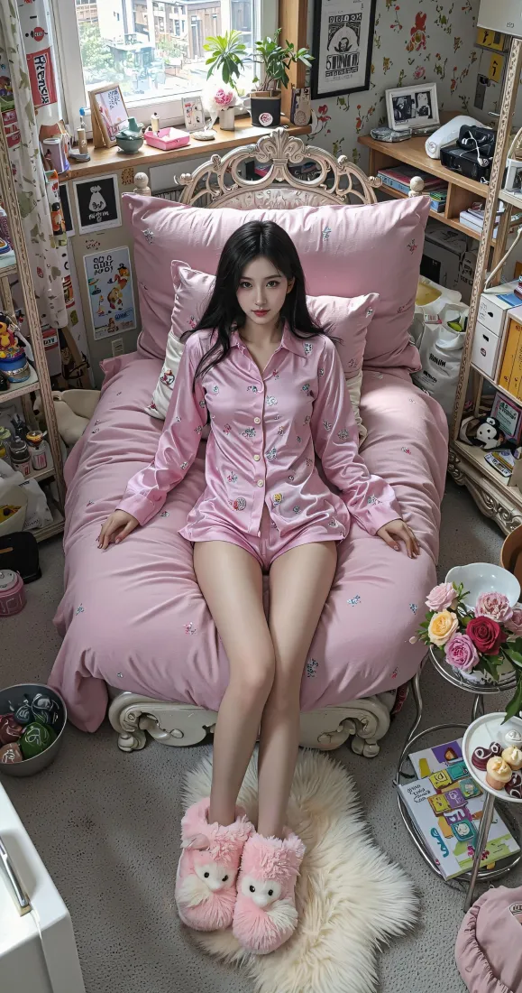 粉色睡衣美女手机壁纸｜温馨卧室背景图片 - 居家少女写真「哲风壁纸」
