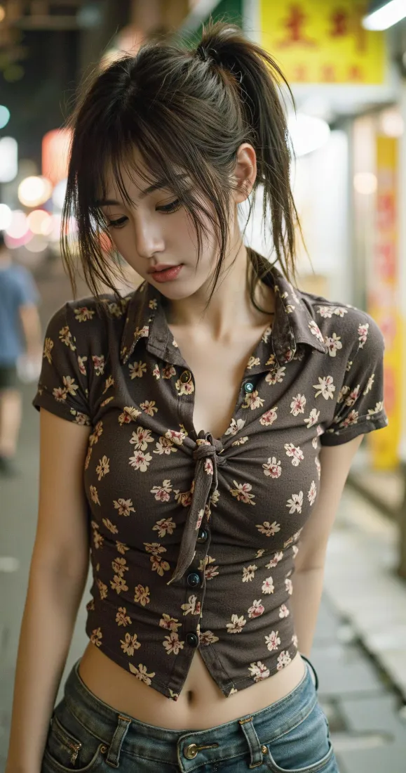 高马尾少女手机壁纸｜街边夜景背景图片 - 氛围感写真「哲风壁纸」