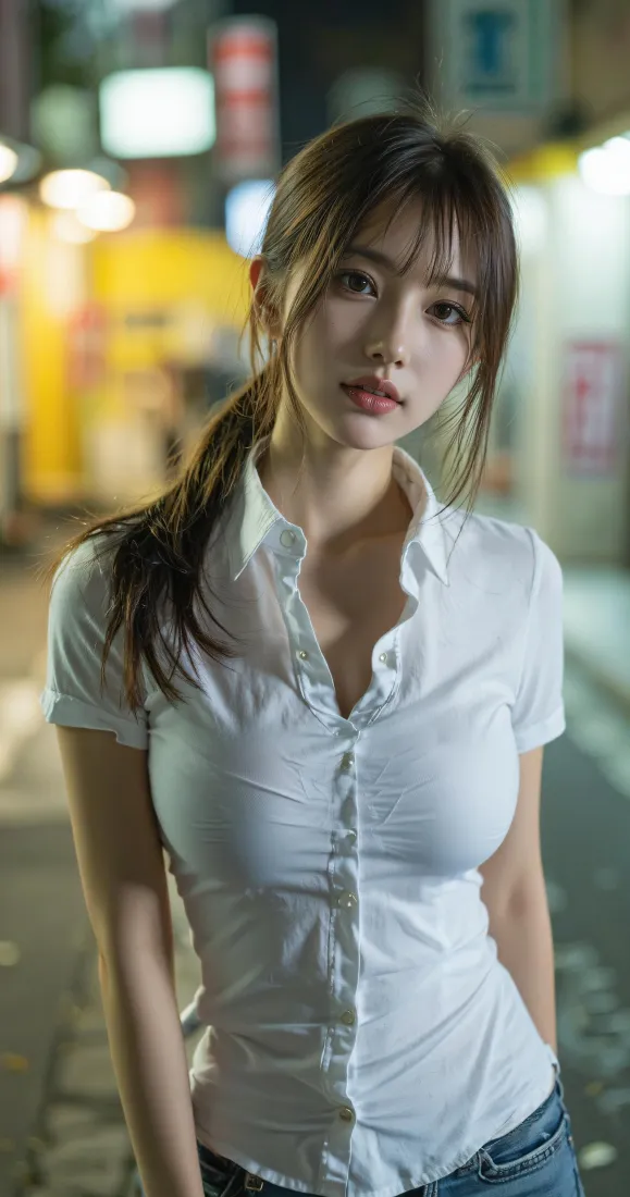白衬衫马尾美女手机壁纸｜夜景街头背景图片 - 氛围感人像「哲风壁纸」