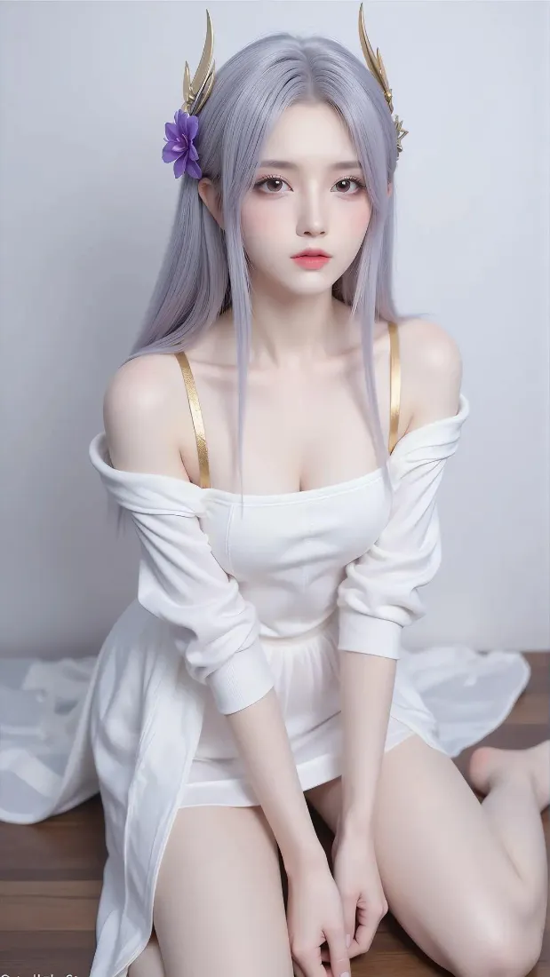 银发COS少女手机壁纸｜浅灰背景图片 - 露肩白裙造型「哲风壁纸」