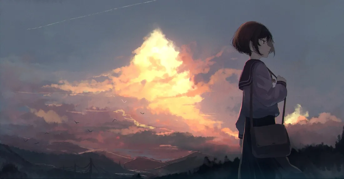 2k二次元少女壁纸｜黄昏云朵背景图片 - 背包少女插画「哲风壁纸」