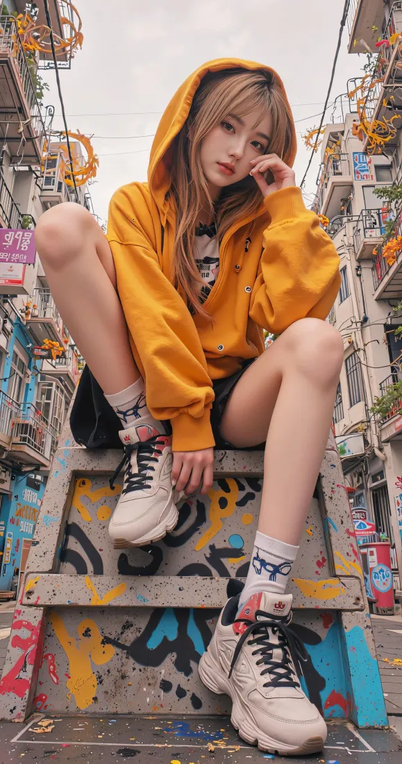 黄衣少女手机壁纸｜街头涂鸦背景图片 - 时尚街拍「哲风壁纸」