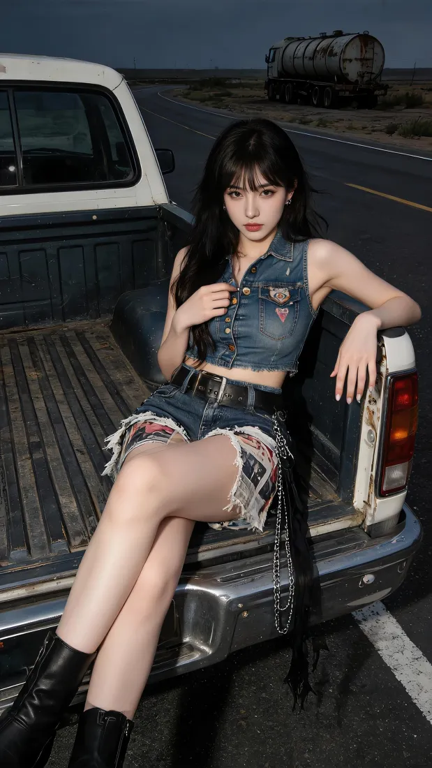 辣妹手机壁纸｜公路皮卡背景图片 - 酷飒牛仔穿搭少女「哲风壁纸」