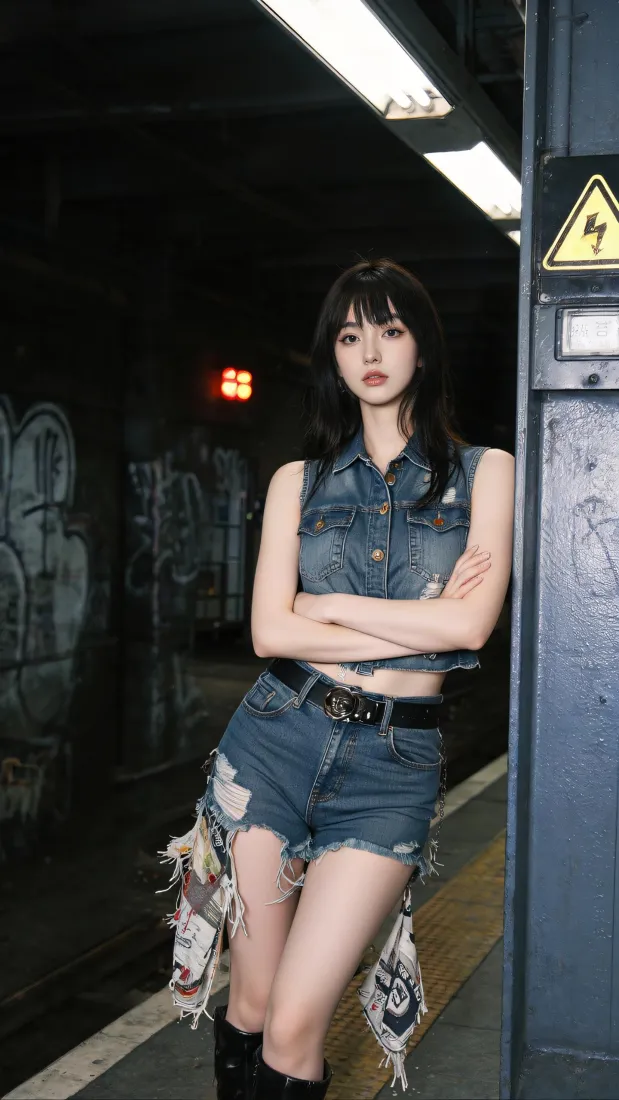 牛仔穿搭美女手机壁纸｜地下车库背景图片 - 甜酷氛围感「哲风壁纸」