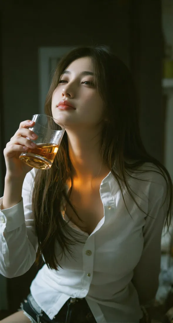 白衬衫美女手机壁纸｜居家微醺背景图片 - 暖光氛围感「哲风壁纸」