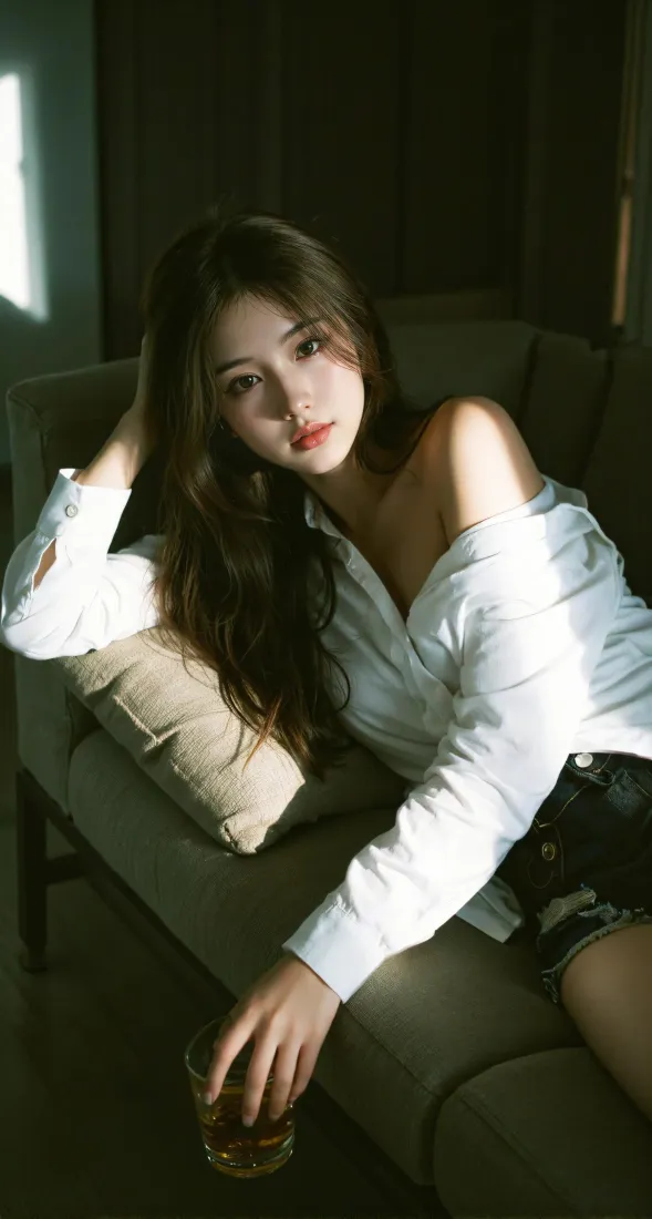 氛围感美女手机壁纸｜居家沙发暖光背景图片 - 白衬衫穿搭「哲风壁纸」