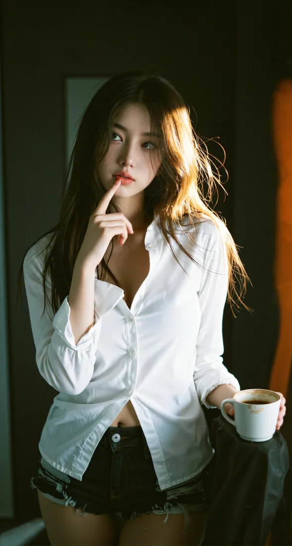 白衬衫美女手机壁纸｜暖光室内背景图片 - 气质人像「哲风壁纸」