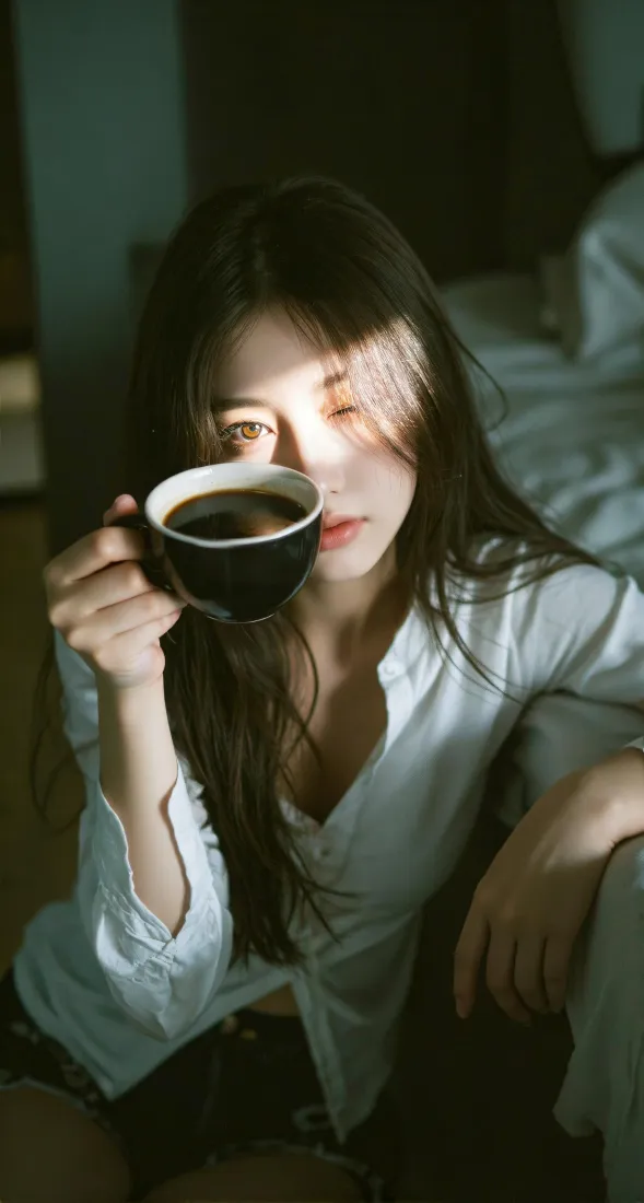 氛围感美女手机壁纸｜室内暖光背景图片 - 手持咖啡白衬衫「哲风壁纸」