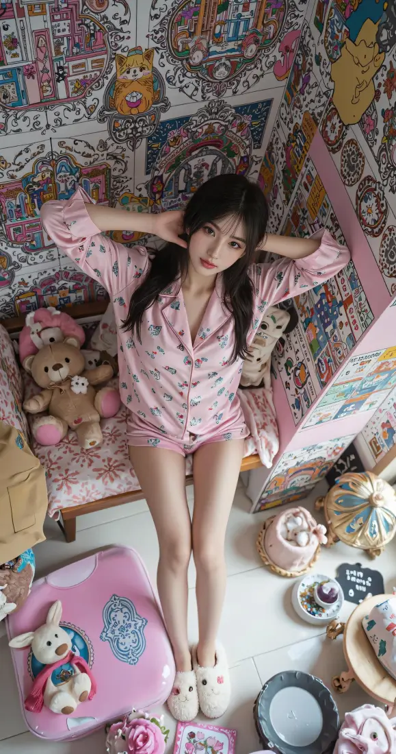 粉色睡衣少女手机壁纸｜居家玩偶背景图片 - 甜系少女「哲风壁纸」
