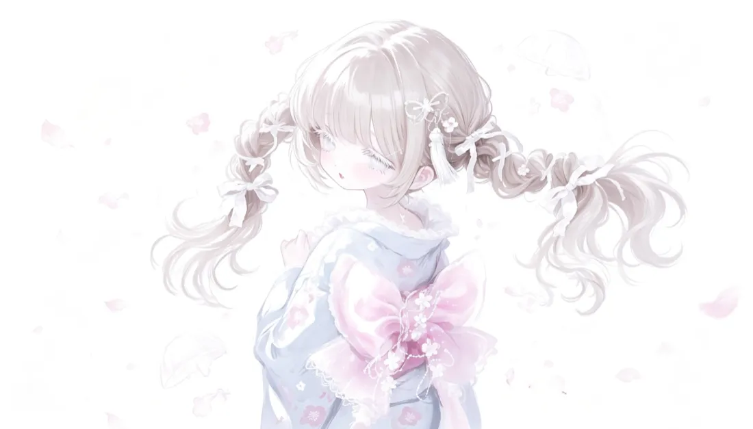 2k萌系双马尾少女壁纸｜纯白清新背景图片 - 二次元蝴蝶结氛围感「哲风壁纸」