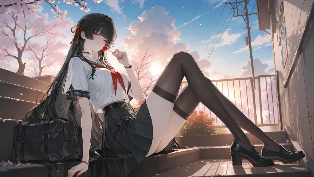 3k鸣潮千咲壁纸｜黄昏校园台阶背景图片 - JK制服少女「哲风壁纸」