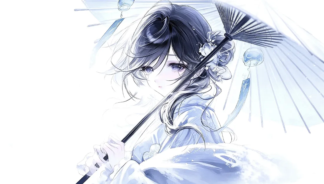 2k国风二次元少女壁纸｜蓝白忧郁背景图片 - 撑伞簪花插画「哲风壁纸」