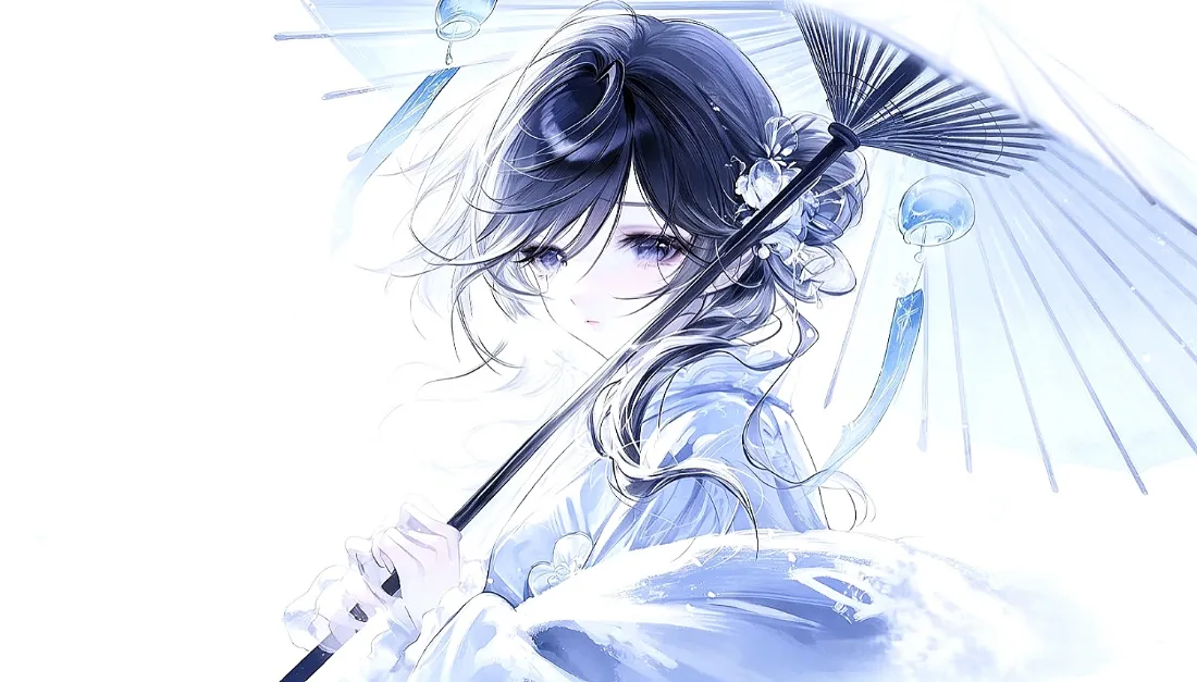 2k蓝白国风少女壁纸｜清冷纯白背景图片 - 忧郁二次元「哲风壁纸」