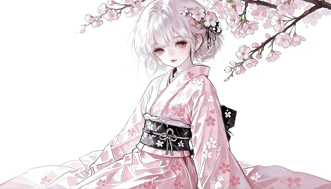 2k和服少女壁纸｜樱花背景图片 - 粉白二次元氛围感「哲风壁纸」