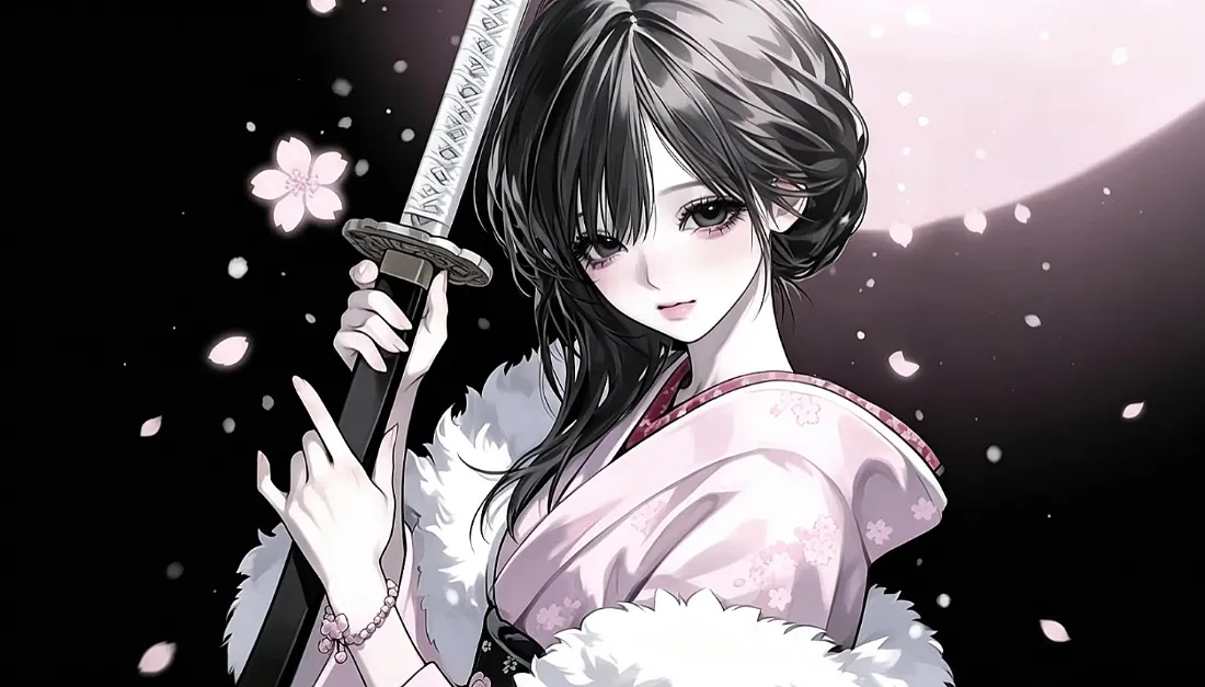 2k酷飒黑粉和风少女壁纸｜樱花武士背景图片 - 日系二次元插画「哲风壁纸」