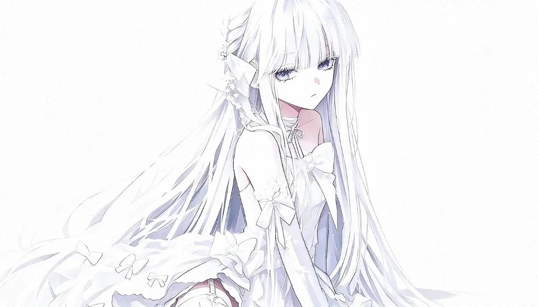 2k纯白婚纱少女壁纸｜二次元插画背景图片 - 忧郁蝴蝶结少女「哲风壁纸」
