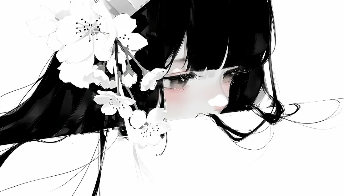 2k黑发忧郁少女壁纸｜白花二次元背景图片 - 清冷氛围感「哲风壁纸」