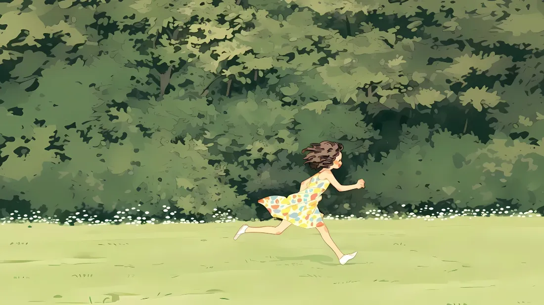 2k奔跑的小女孩壁纸｜夏日草地绿植背景图片 - 治愈插画「哲风壁纸」