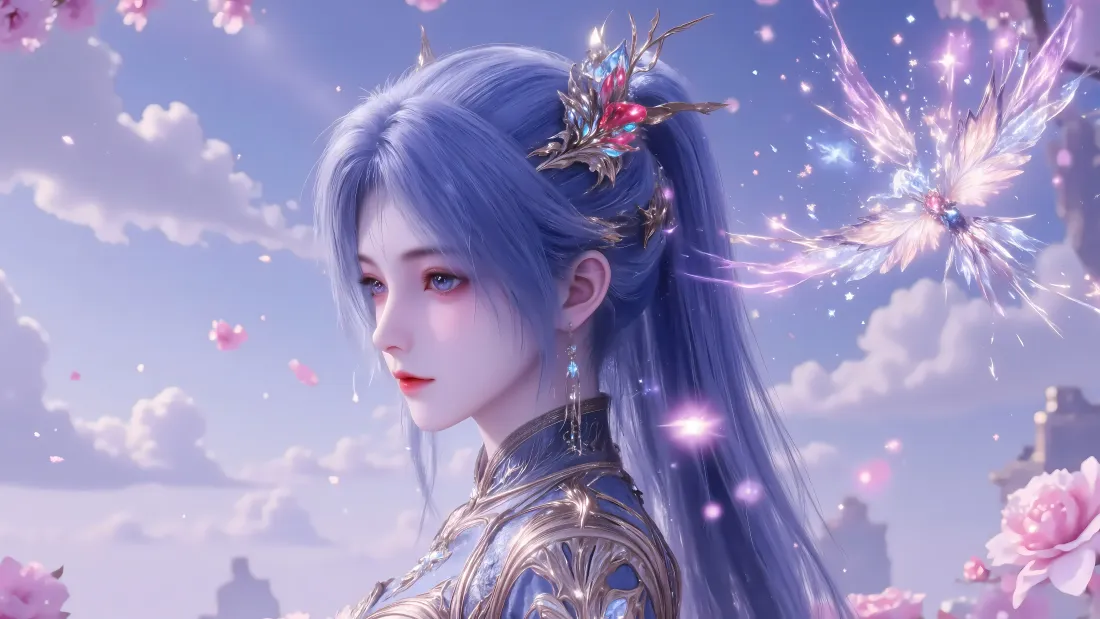 6k王冬儿壁纸｜蓝天白云粉花背景图片 - 斗罗大陆2绝世唐门角色「哲风壁纸」