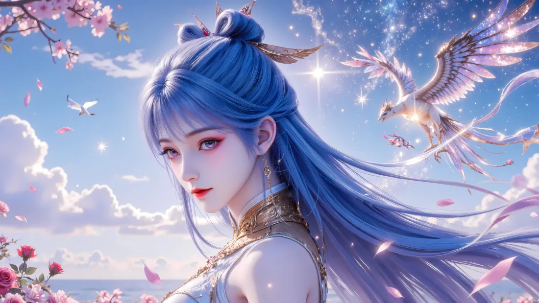 6k王冬儿壁纸｜斗罗大陆2背景图片 - 蓝天飞鸟桃花少女「哲风壁纸」