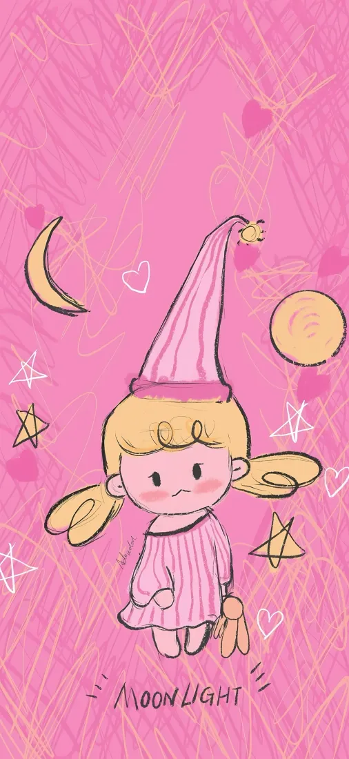 手绘Q版小女孩手机壁纸｜粉色梦幻背景图片 - 月亮星星可爱插画「哲风壁纸」