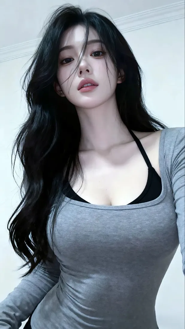 长发美女手机壁纸｜灰色上衣背景图片 - 纯欲氛围感人像「哲风壁纸」