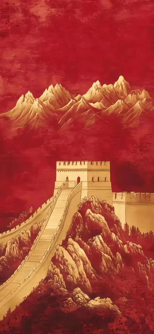 爱国长城手机壁纸｜红色国风背景图片 - 壮丽金色山川「哲风壁纸」