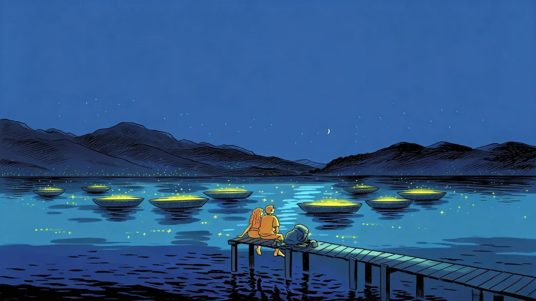 3k湖边情侣插画壁纸｜蓝色夜景背景图片 - 治愈氛围感「哲风壁纸」