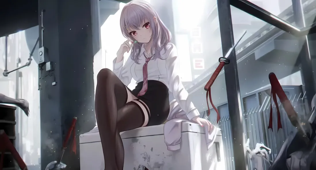 2k红瞳黑丝制服少女壁纸｜紫发室内背景图片 - 二次元动漫插画「哲风壁纸」