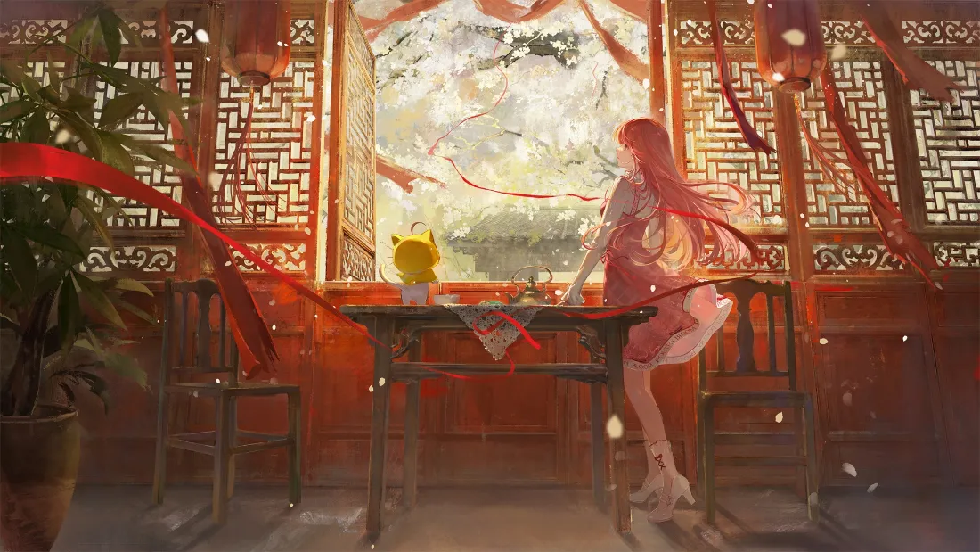 2k古风二次元少女壁纸｜中式古窗雪景背景图片 - 暖光氛围感「哲风壁纸」