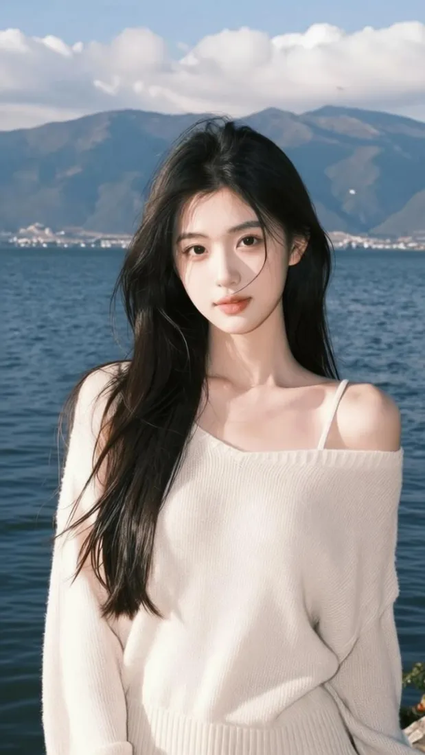 美少女手机壁纸｜洱海边风光背景图片 - 温柔长发露肩女生「哲风壁纸」