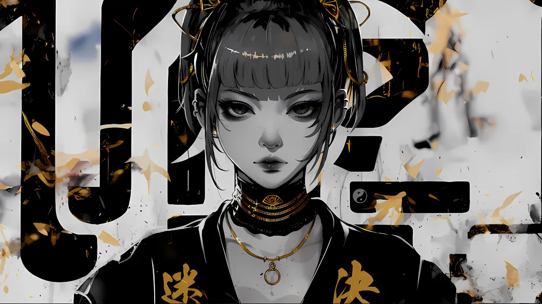2k赛博少女壁纸｜黑白金插画背景图片 - 酷飒二次元女生「哲风壁纸」