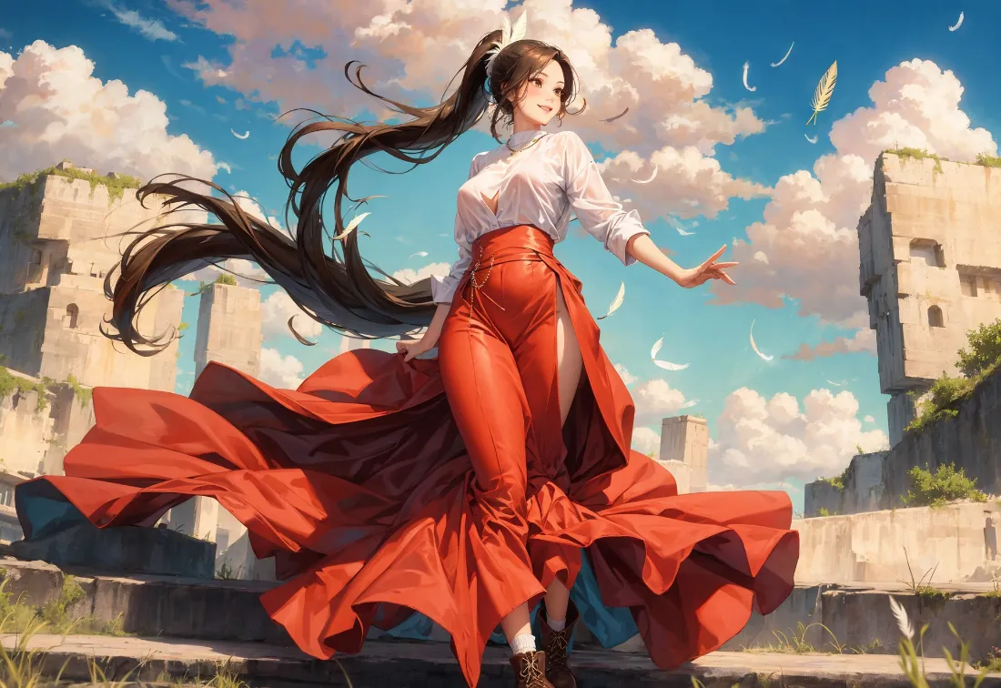 2k红衣少女动漫壁纸｜废墟蓝天白云背景图片 - 高马尾女孩「哲风壁纸」