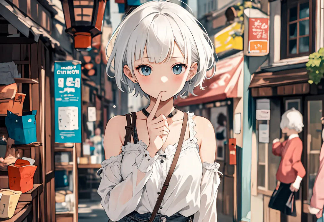 3k银发蓝眼短发少女壁纸｜日式街道背景图片 - 动漫插画「哲风壁纸」
