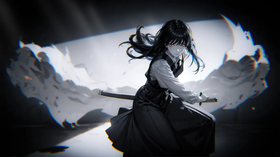 4k二次元持剑少女壁纸｜黑白战斗背景图片 - 日系插画「哲风壁纸」