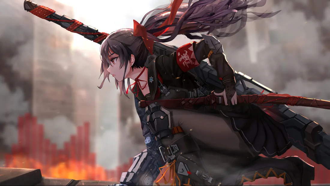4k二次元武士少女壁纸｜战场废墟背景图片 - 火焰战斗「哲风壁纸」