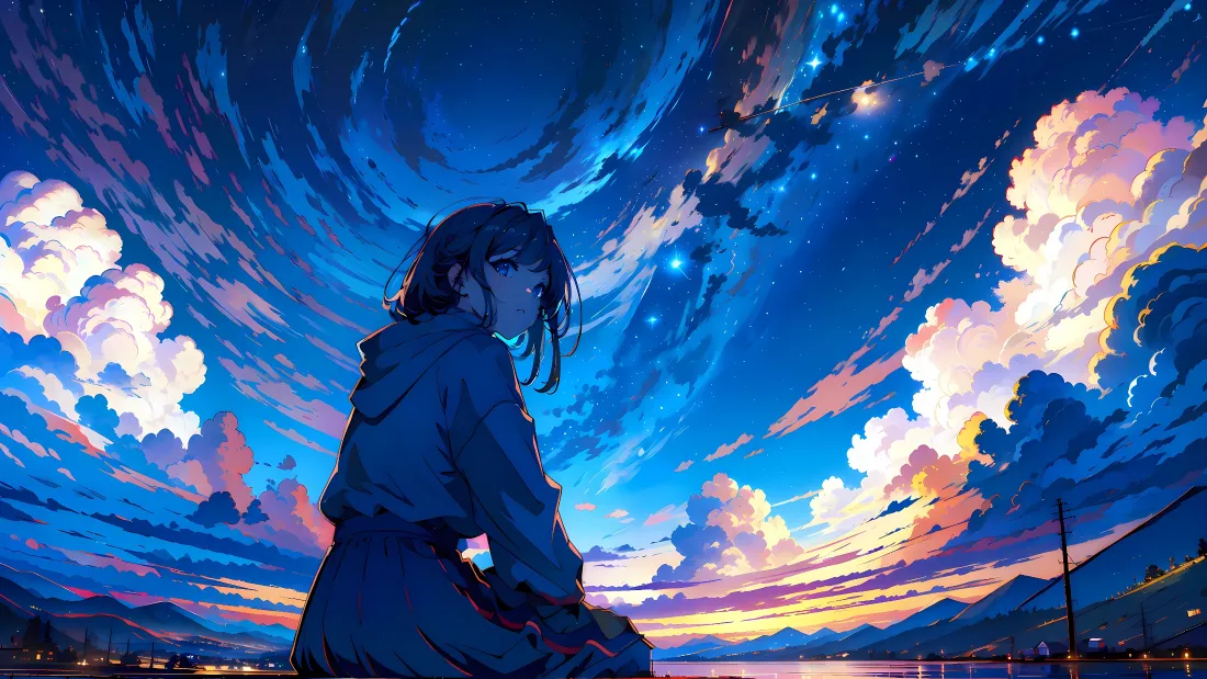 4k动漫少女壁纸｜星空晚霞背景图片 - 日系氛围感插画「哲风壁纸」