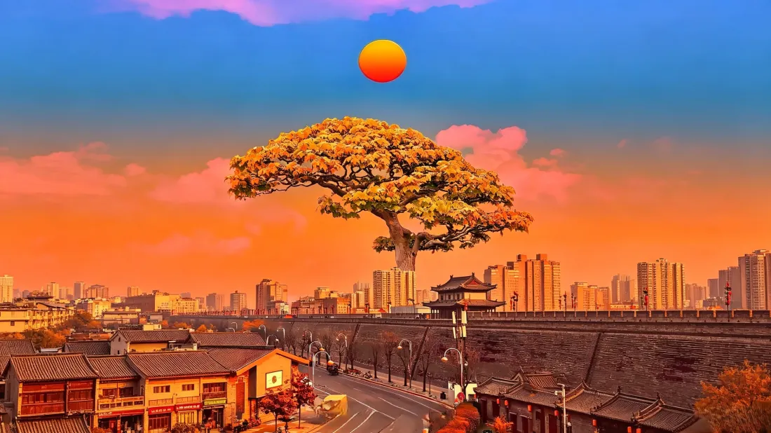 3k西安古城墙壁纸｜落日金树背景图片 - 创意城市风光「哲风壁纸」