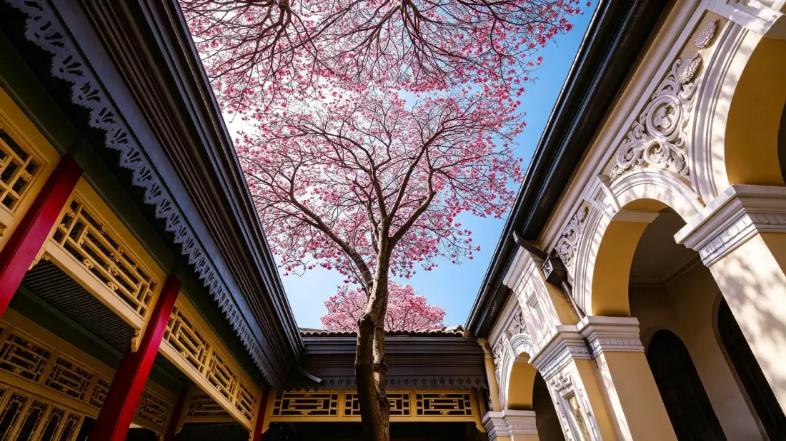3k古风庭院壁纸｜粉花蓝天背景图片 - 中式建筑场景「哲风壁纸」