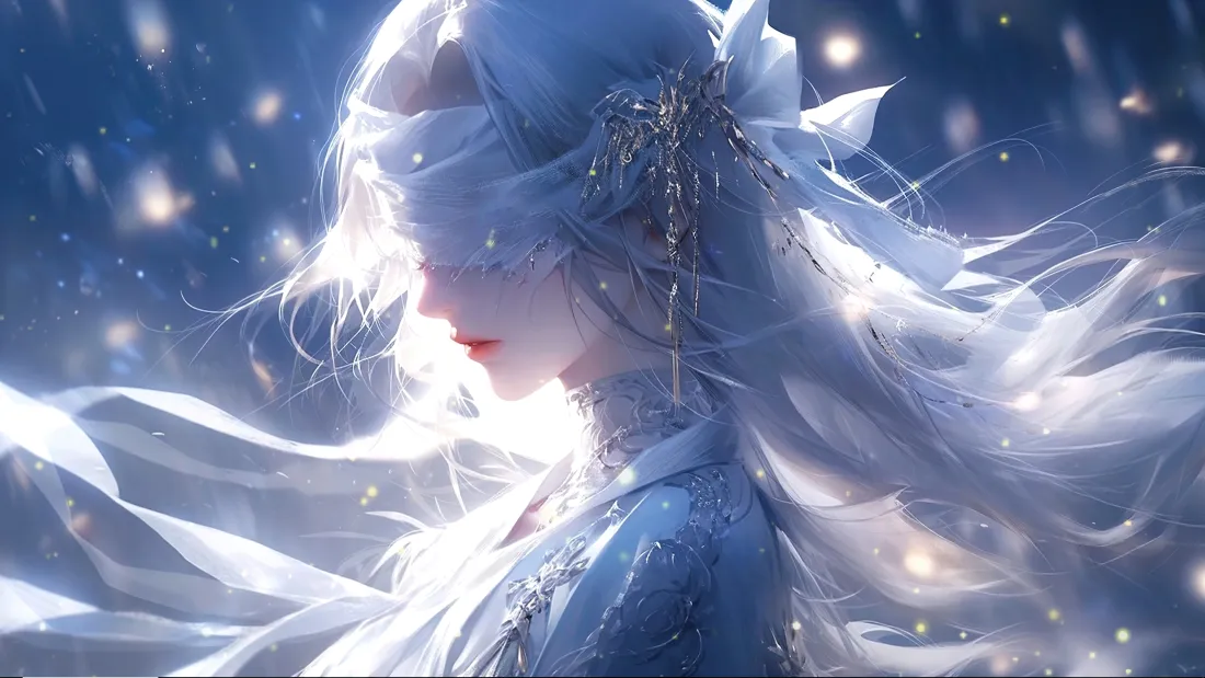 4k银发蒙眼少女壁纸｜蓝色光斑背景图片 - 二次元插画「哲风壁纸」