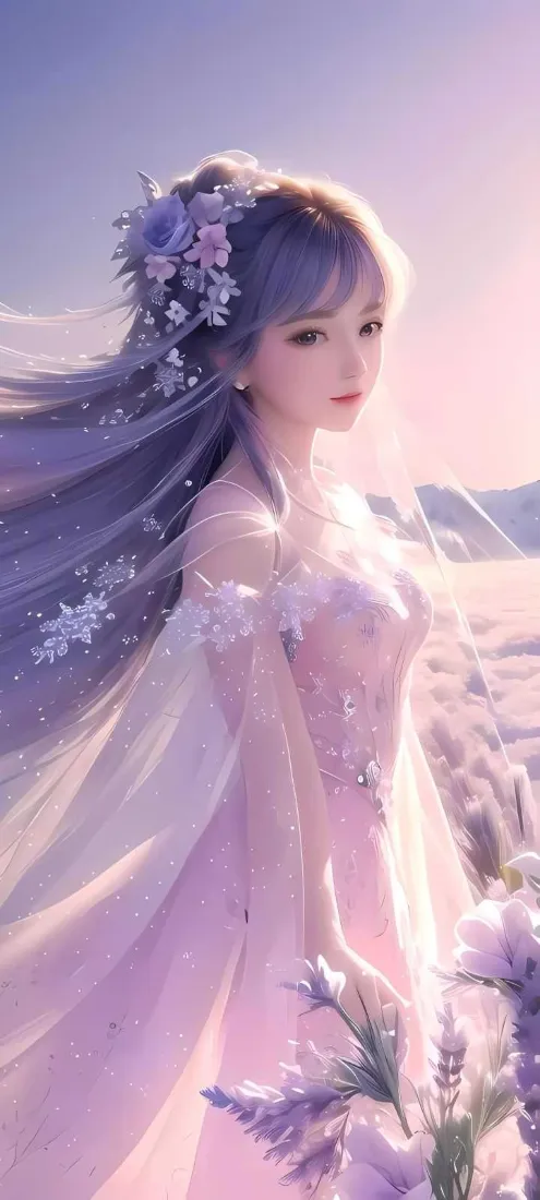 粉系古风美女手机壁纸｜花海背景图片 - 二次元仙气少女「哲风壁纸」