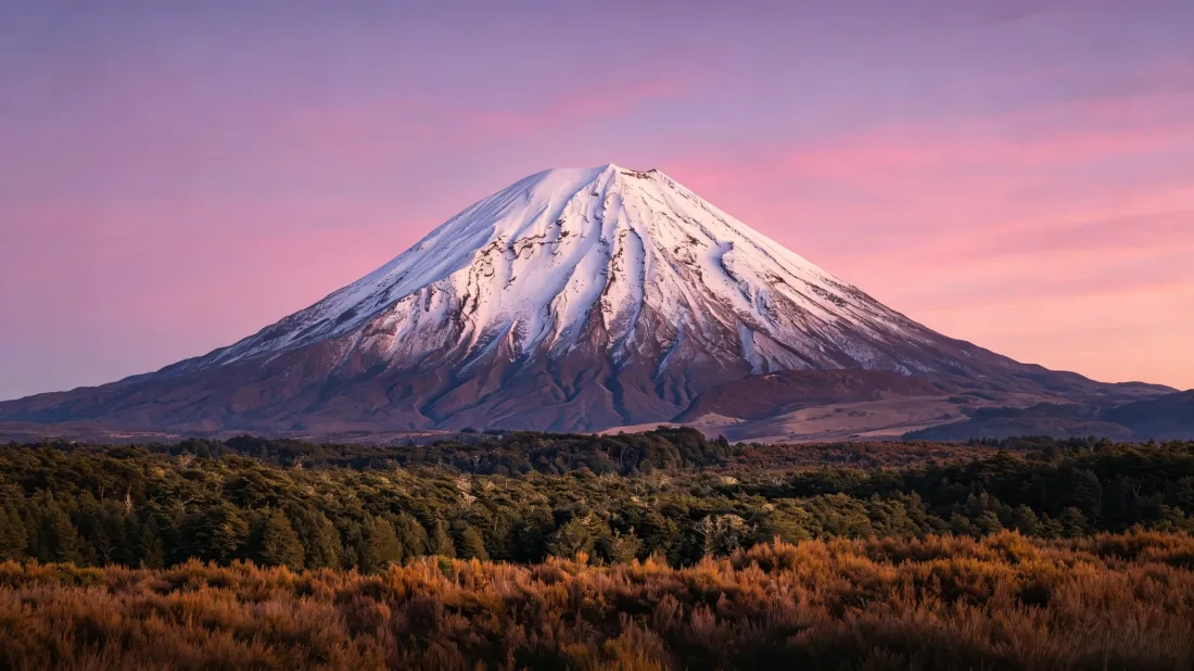 3k富士山壁纸｜粉紫天空山林背景图片 - 治愈自然景观「哲风壁纸」