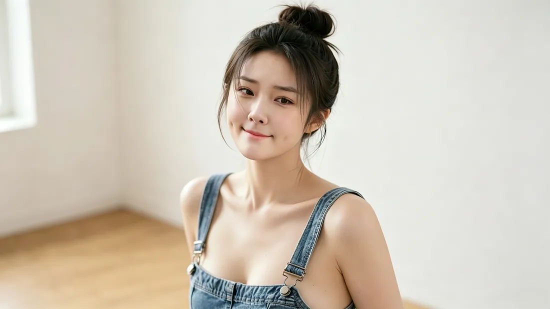 3k甜美少女壁纸｜牛仔背带居家背景图片 - 清新人像「哲风壁纸」