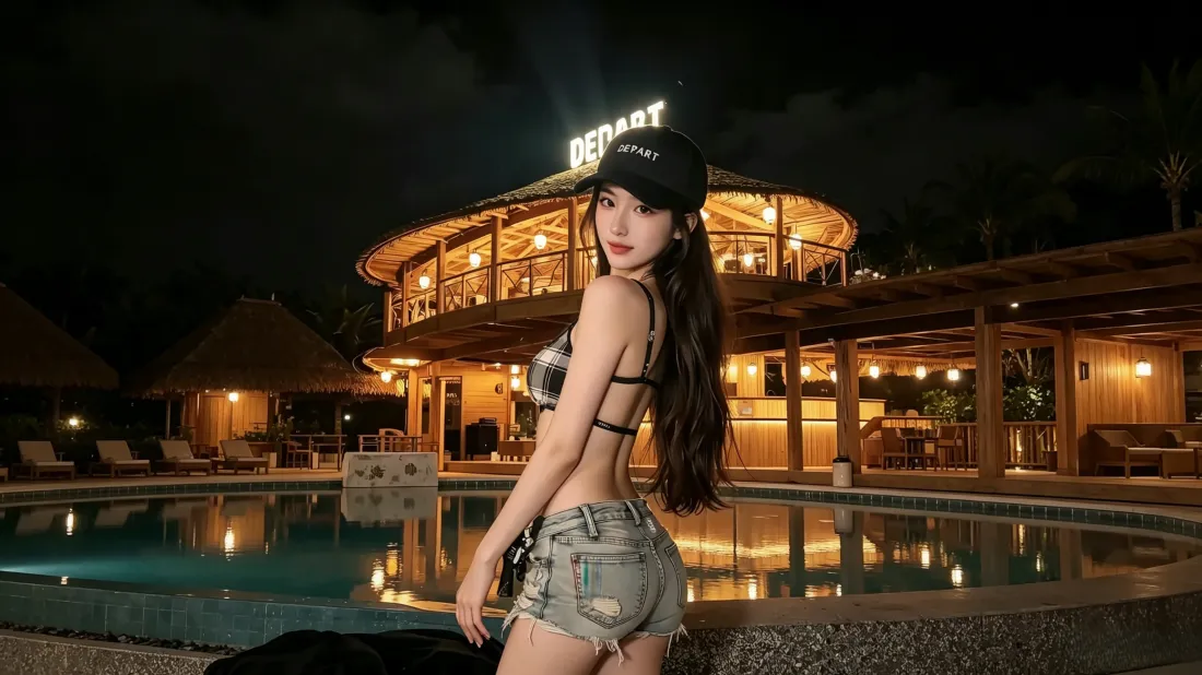 3k夏日美女壁纸｜泳池度假背景图片 - 氛围感夜景写真「哲风壁纸」