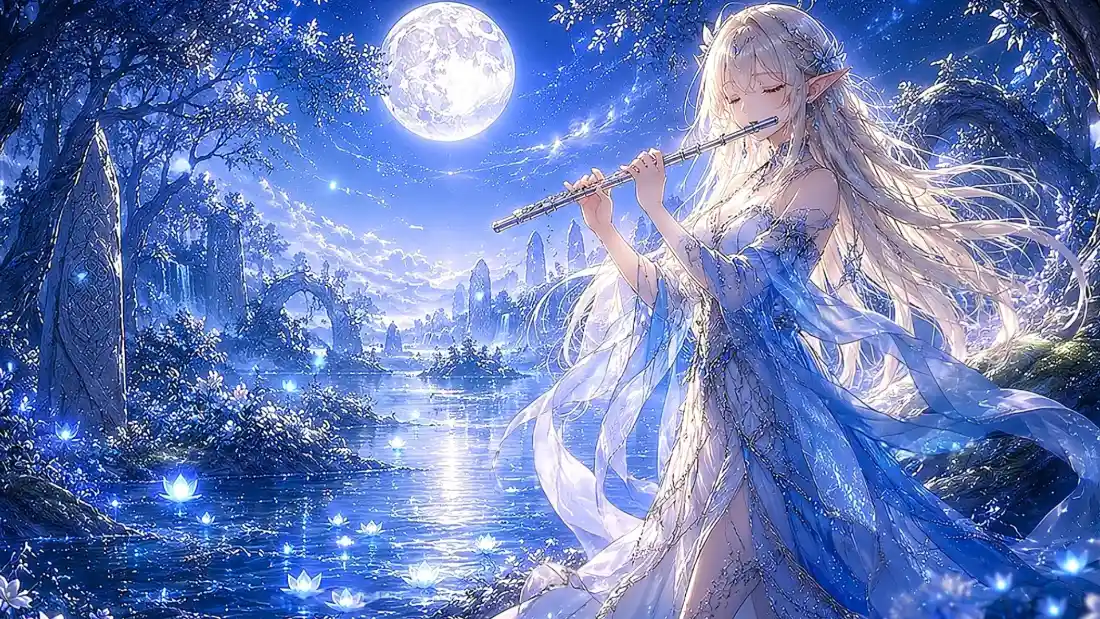 2k精灵少女壁纸｜月夜森林湖面背景图片 - 吹笛银发少女「哲风壁纸」