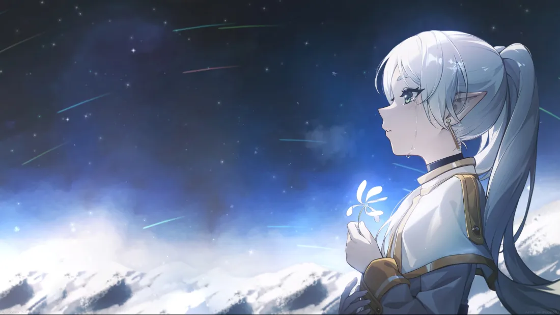 4k银发精灵少女壁纸｜星空雪地背景图片 - 二次元侧颜「哲风壁纸」