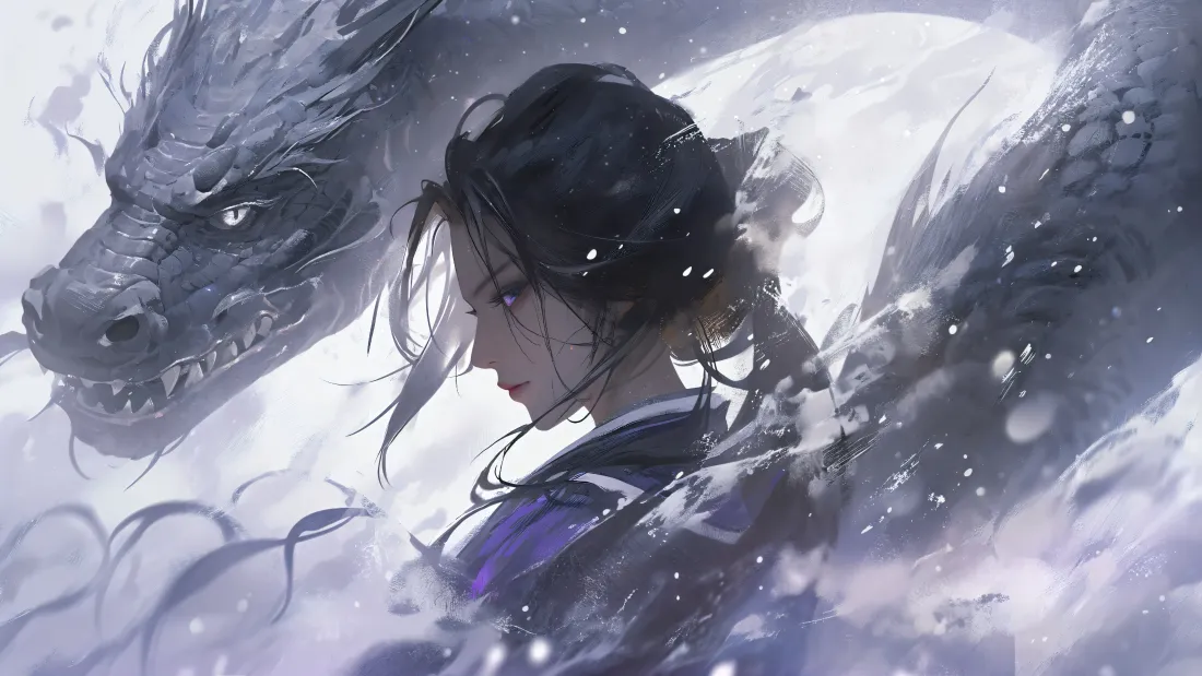 4k紫衣古风少女壁纸｜双龙雪景背景图片 - 二次元玄幻插画「哲风壁纸」